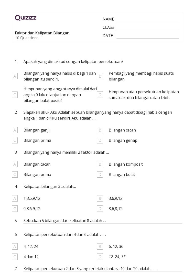 50 lembar kerja Bilangan Prima dan Komposit untuk Kelas 4 di Quizizz 50 lembar kerja Bilangan Prima dan Komposit untuk Kelas 4 di Quizizz