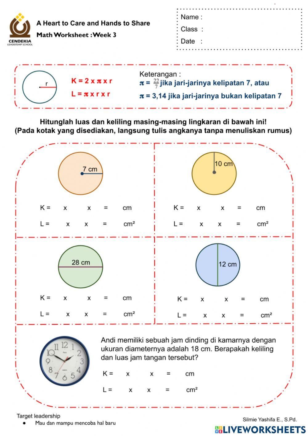 Luas dan Keliling Lingkaran Math worksheet on circle measurements Luas dan Keliling Lingkaran Math worksheet on circle measurements