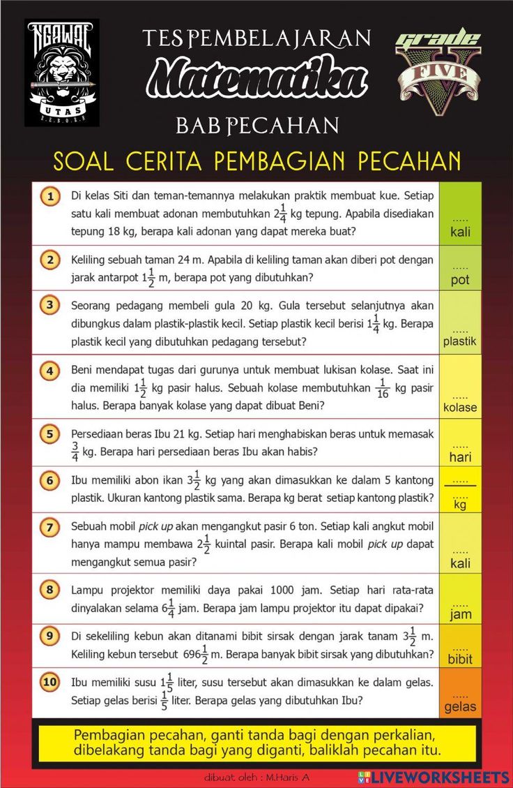SOAL CERITA PEMBAGIAN PECAHAN KELAS 5 online exercise for SOAL CERITA PEMBAGIAN PECAHAN KELAS 5 online exercise for