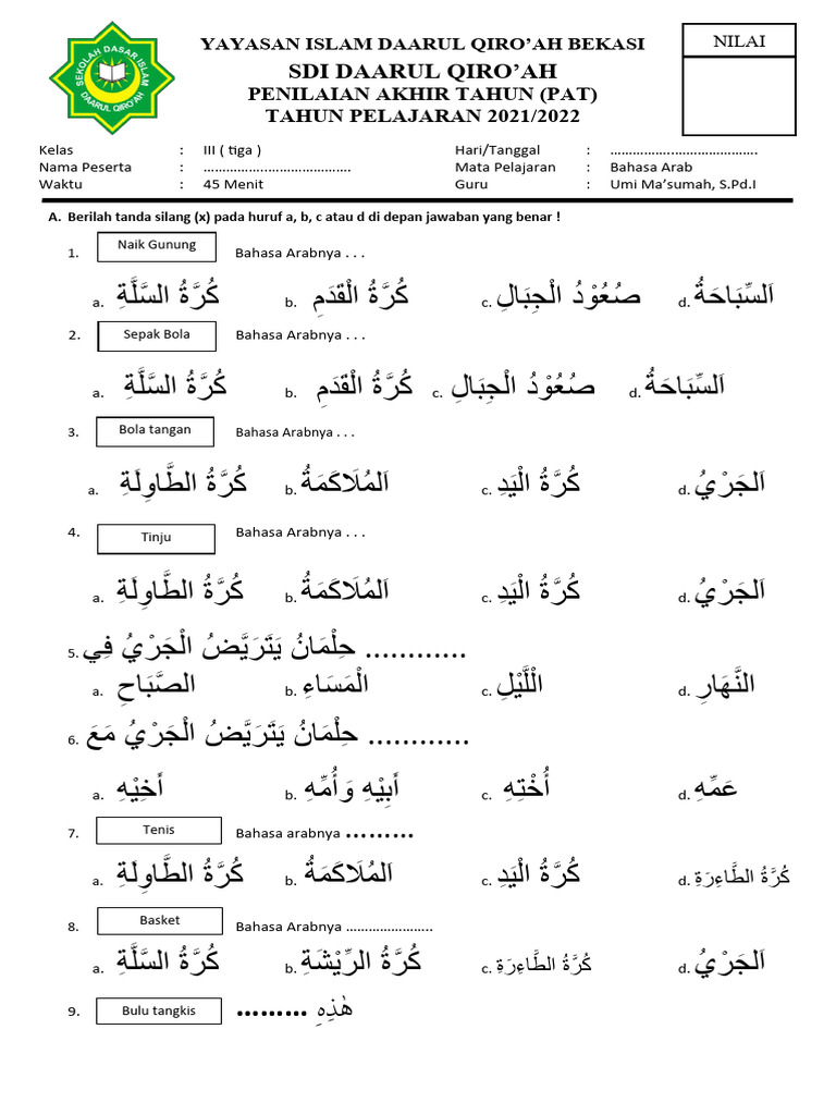 7 Contoh Soal Bahasa Arab Kelas 4 SD Semester 1 yang Wajib Dikuasai Siswa di Tahun 2026