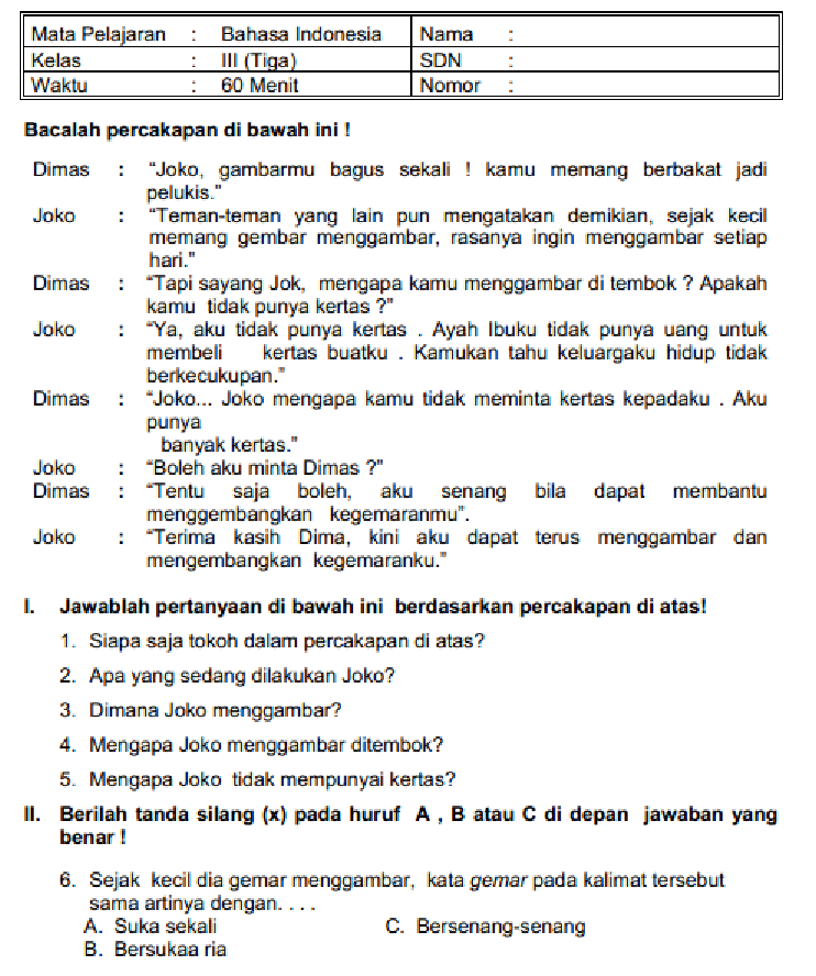 Contoh Soal Bahasa Indonesia Kelas 2 SD Semester 1 Contoh Soal Bahasa Indonesia Kelas 2 SD Semester 1
