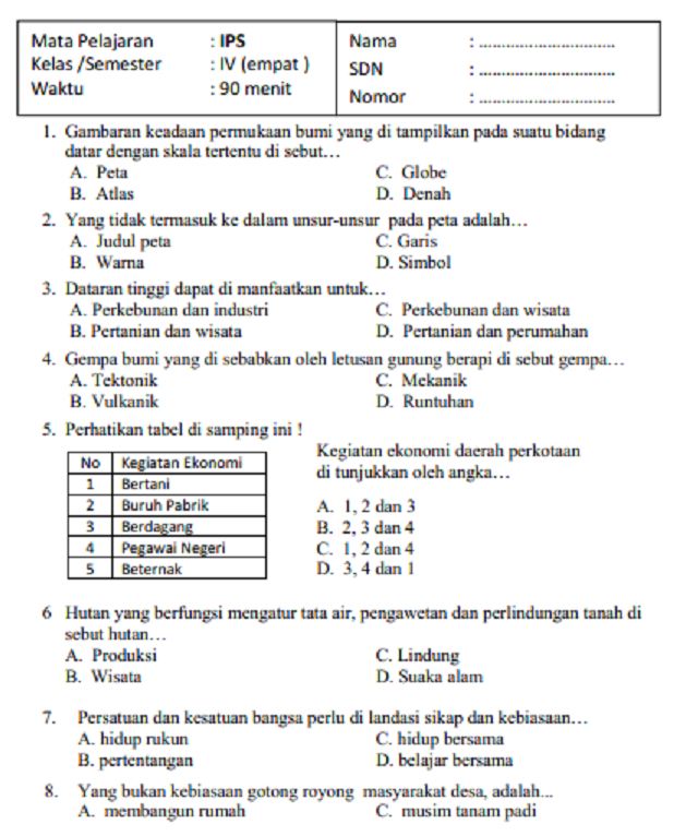 Soal Ujian Bahasa Indonesia Kelas 4 - Dunia Sosial Soal Ujian Bahasa Indonesia Kelas 4 - Dunia Sosial