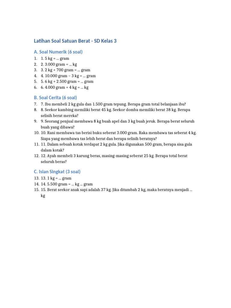 Latihan Soal Satuan Berat Kelas 3 SD PDF Latihan Soal Satuan Berat Kelas 3 SD PDF