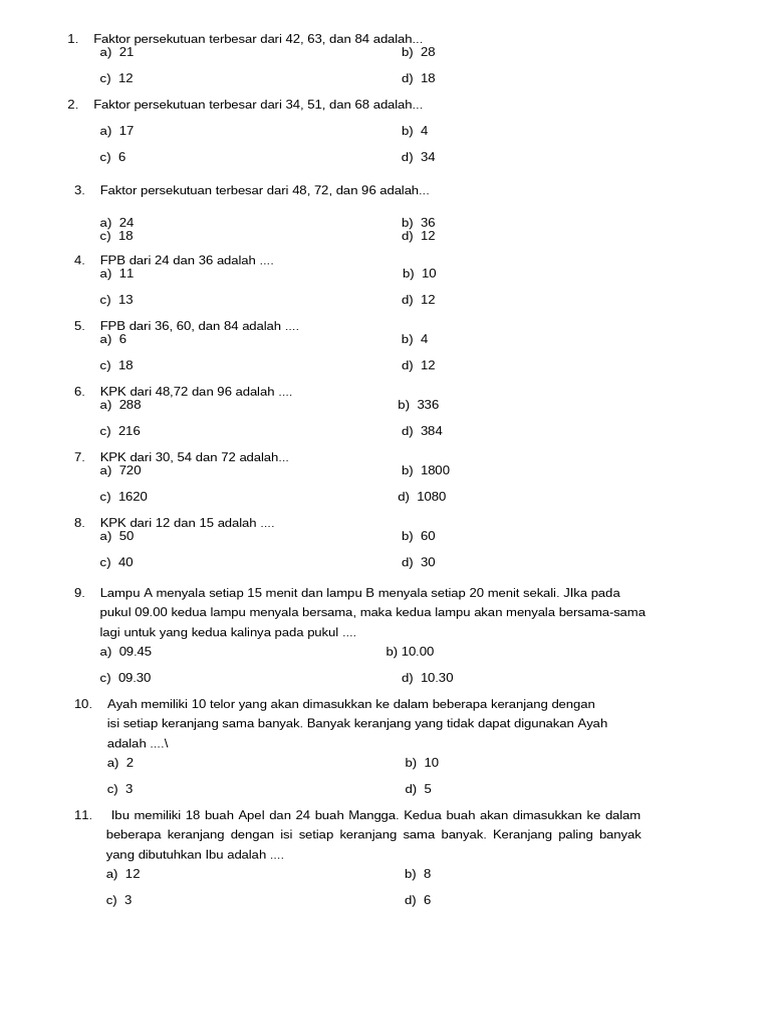 Soal FPB dan KPK Kelas 6 Matematika PDF Soal FPB dan KPK Kelas 6 Matematika PDF