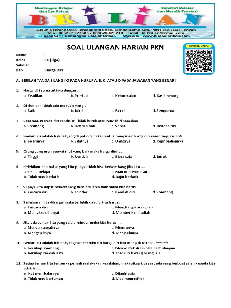 Soal PKN Kelas 3 SD Bab 3 Harga Diri Dan Kunci Jawaban PDF Soal PKN Kelas 3 SD Bab 3 Harga Diri Dan Kunci Jawaban PDF