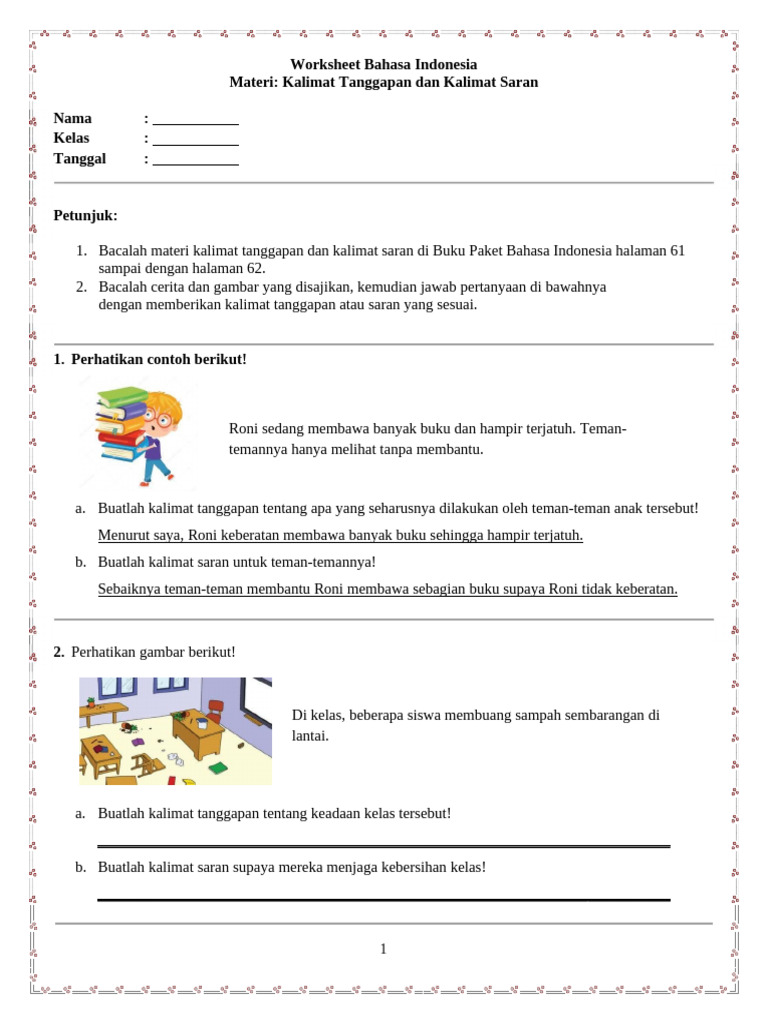 Worksheet Kalimat Tanggapan dan Saran PDF Worksheet Kalimat Tanggapan dan Saran PDF