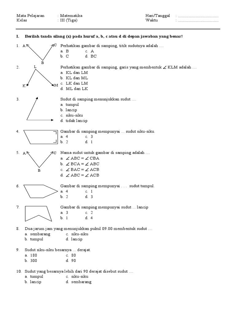 Soal Sudut - Kelas 3 SD - Vicky PDF Soal Sudut - Kelas 3 SD - Vicky PDF