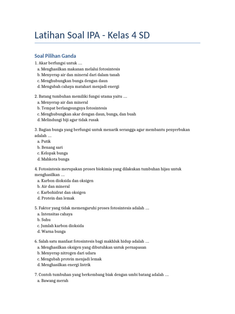 Latihan Soal IPA Kelas 4 SD PDF Latihan Soal IPA Kelas 4 SD PDF