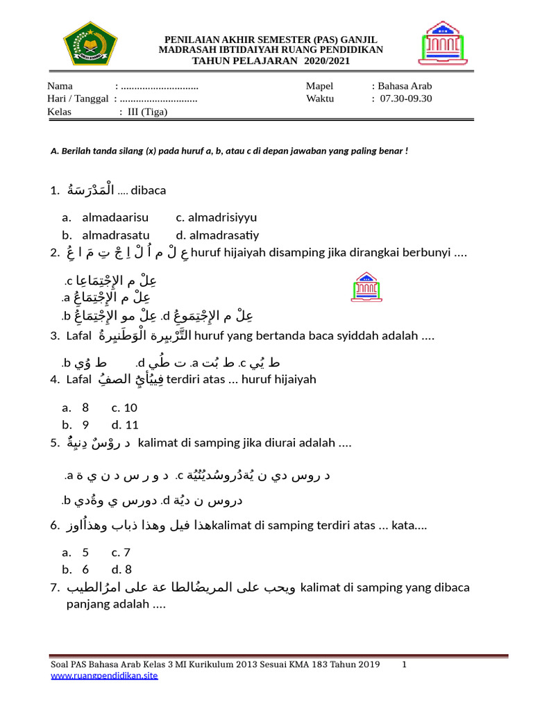 7 Contoh Soal Bahasa Arab Kelas 3 MI Semester 1 yang Wajib Dikuasai Siswa Sebelum Ujian