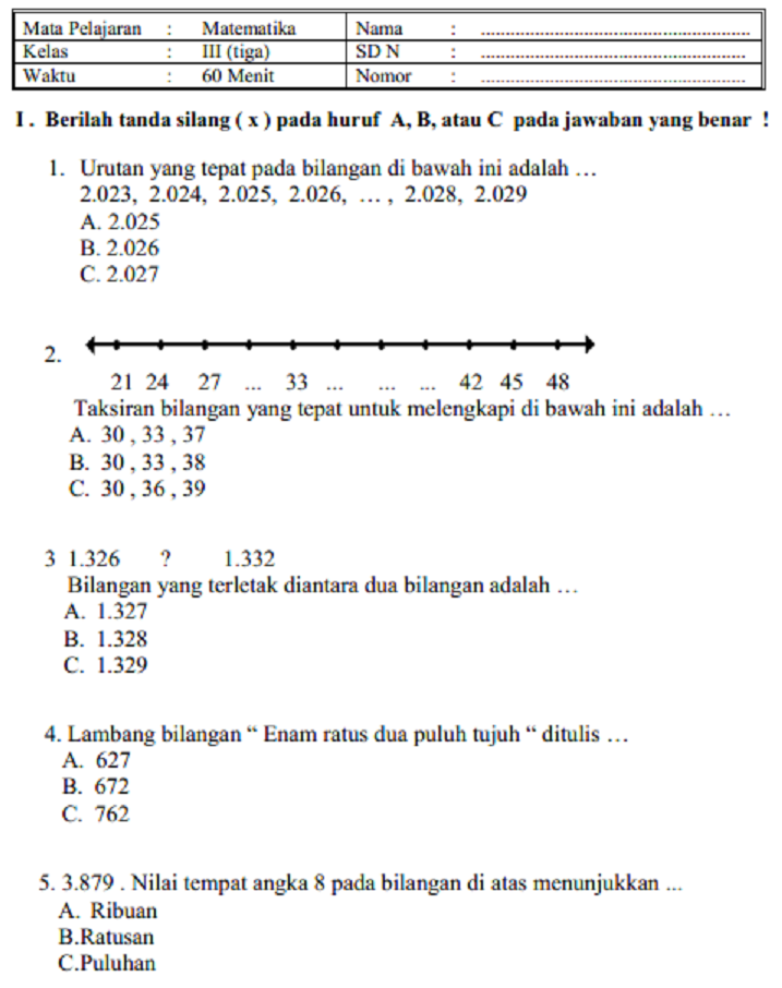 Soal dan Jawaban Latihan Soal PAS Matematika Kelas 3 SD Semester 1 Soal dan Jawaban Latihan Soal PAS Matematika Kelas 3 SD Semester 1