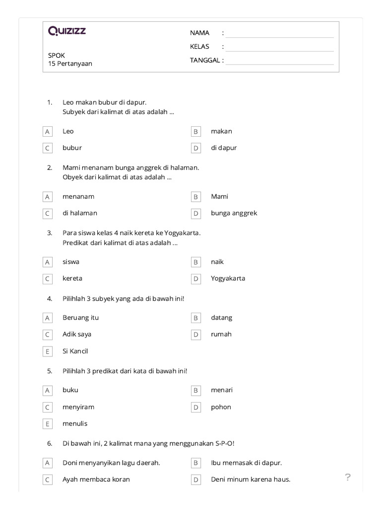 Latihan Kalimat S-P-O-K untuk Kelas 4 PDF Latihan Kalimat S-P-O-K untuk Kelas 4 PDF