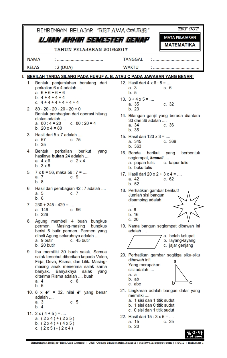 40 Soal Ulangan Matematika Kelas 4 Semester 2 40 Soal Ulangan Matematika Kelas 4 Semester 2