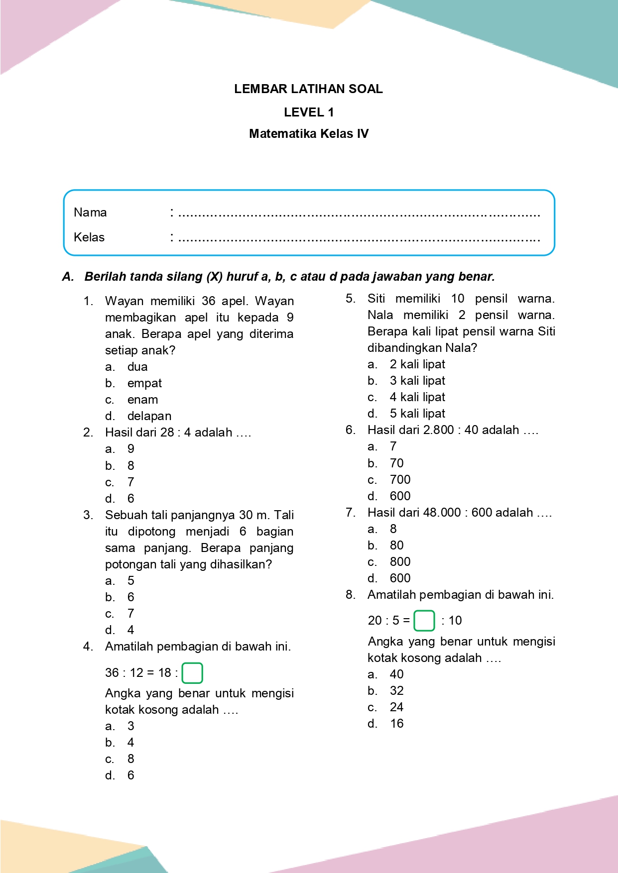 Latihan Soal Matematika Kelas 4 vol 1 Bab 2 - Daring Nur Hidayah Press Latihan Soal Matematika Kelas 4 vol 1 Bab 2 - Daring Nur Hidayah Press