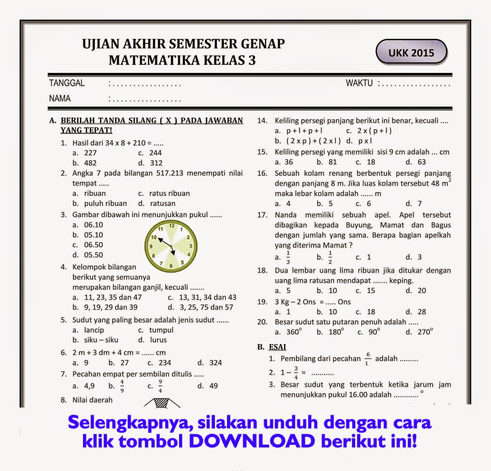 Download Soal UKK Matematika Kelas 3 Semester Genap - Rief Awa Blog Download Soal UKK Matematika Kelas 3 Semester Genap - Rief Awa Blog