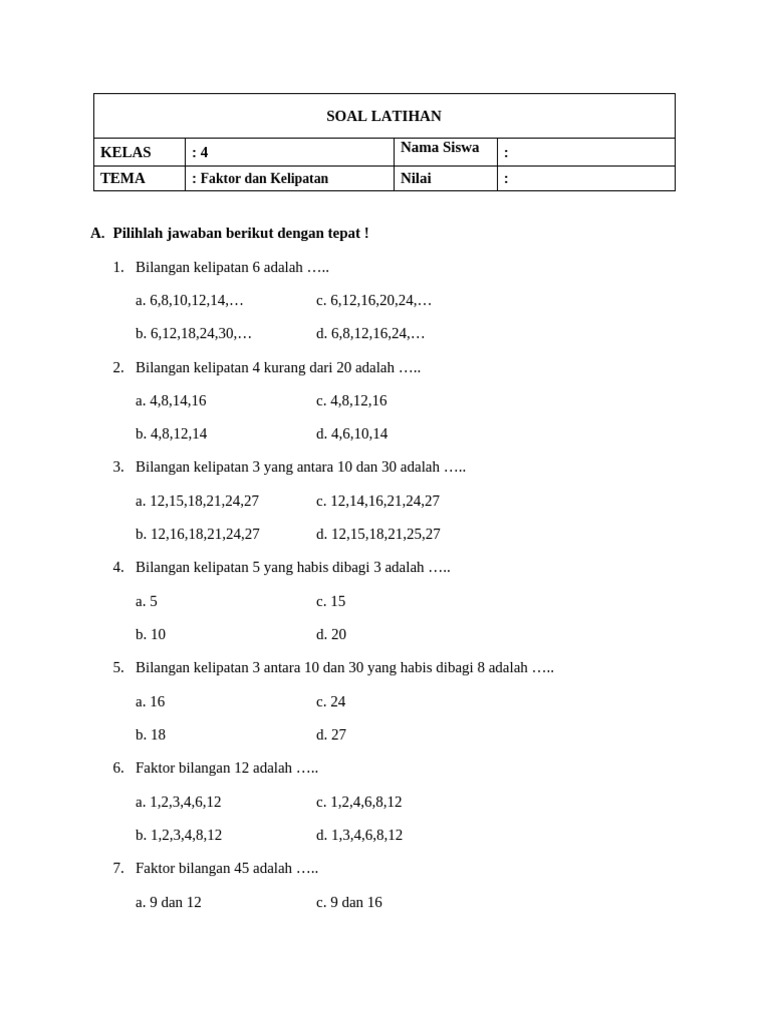 Soal Latihan Kelas 4 Faktor Dan Prima PDF Soal Latihan Kelas 4 Faktor Dan Prima PDF