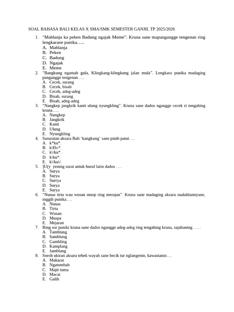 Soal Bahasa Bali Kelas X Semester Ganjil PDF Soal Bahasa Bali Kelas X Semester Ganjil PDF