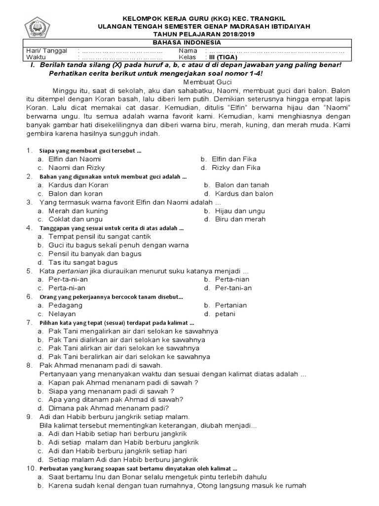 Soal UTS Bahasa Indonesia Kelas 3 SD PDF Soal UTS Bahasa Indonesia Kelas 3 SD PDF