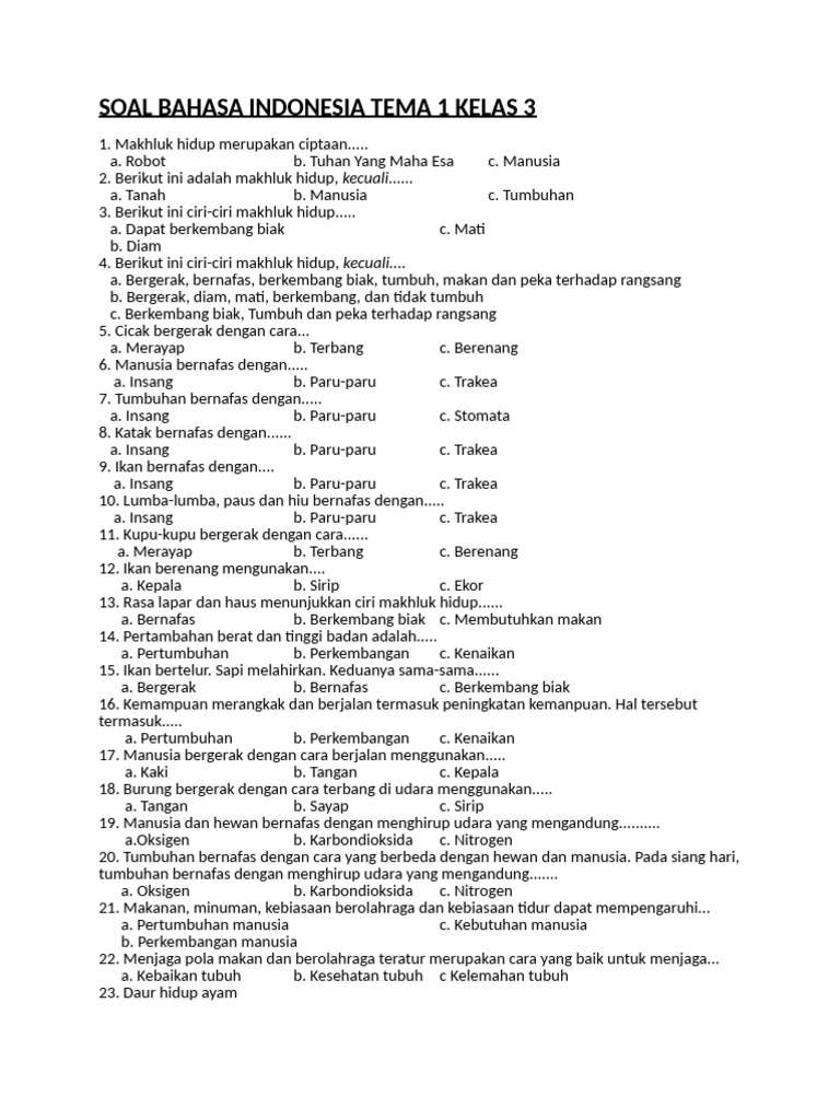 Soal Bahasa Indonesia Kelas 3 Tema 1 PDF Soal Bahasa Indonesia Kelas 3 Tema 1 PDF