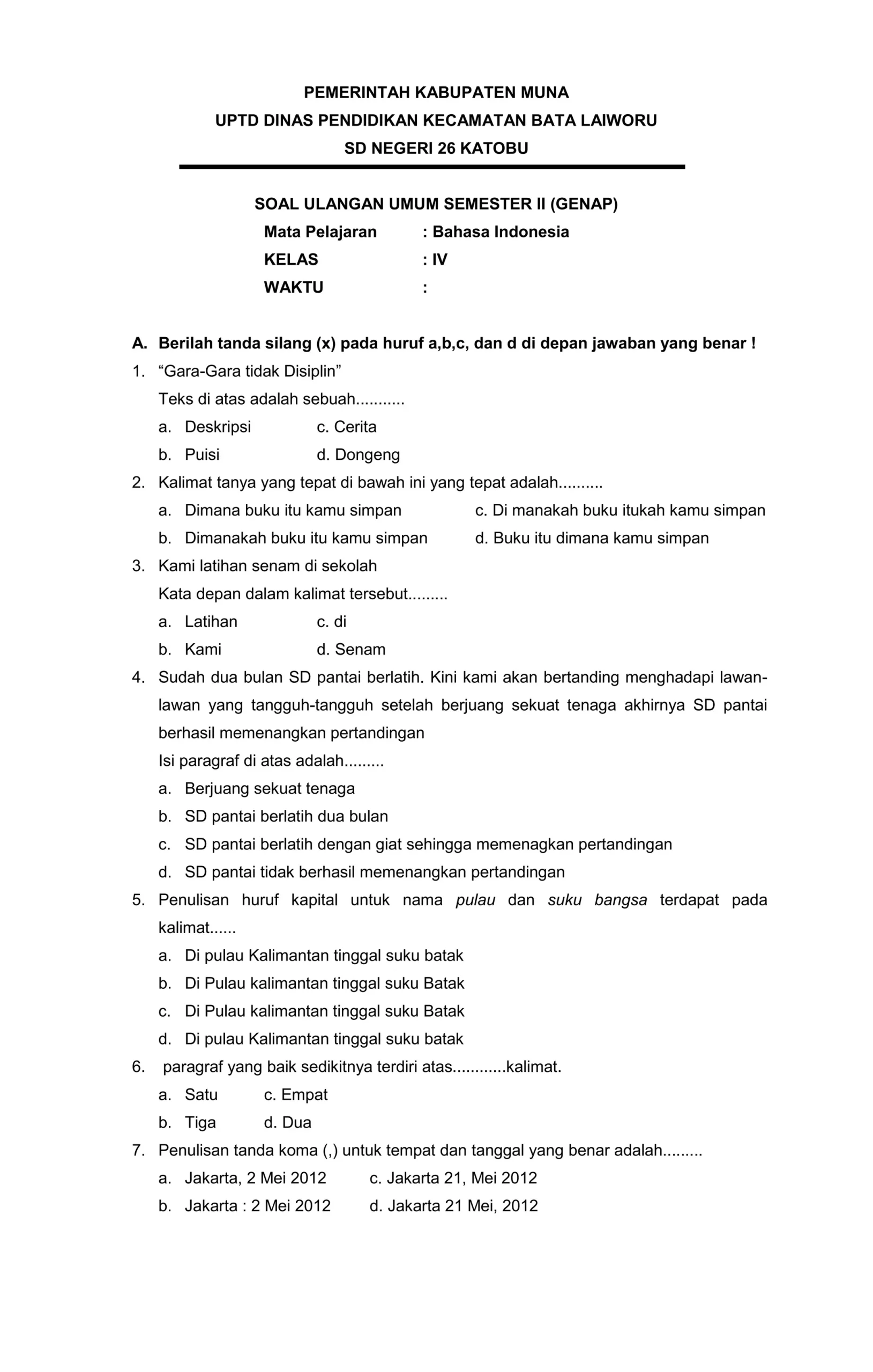 Soal ulangan bahasa indonesia kelas 4 DOCX Soal ulangan bahasa indonesia kelas 4 DOCX