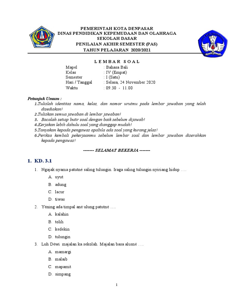 Soal PAS Bahasa Bali Kelas 4 Semester 1 PDF Soal PAS Bahasa Bali Kelas 4 Semester 1 PDF
