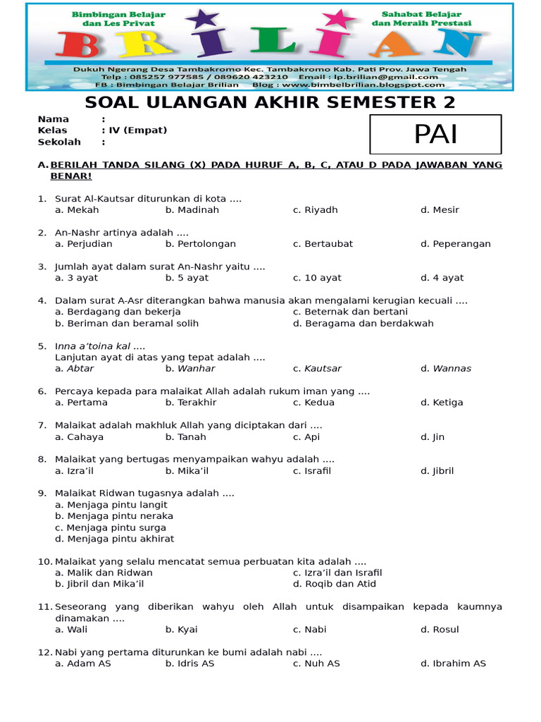 Terbukti! 7 Latihan Soal Kelas 4 PAI K13 Semester 2 yang Wajib Dikerjakan Sebelum Ujian