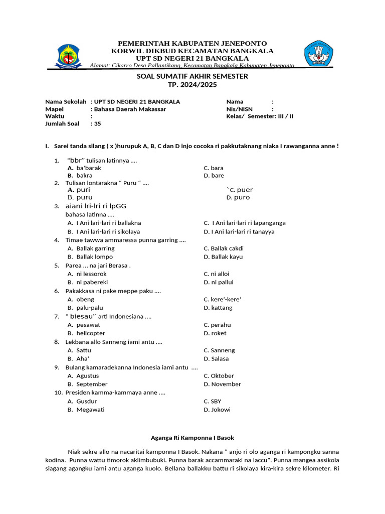 Soal Bahasa Daerah Makassar Kelas III PDF