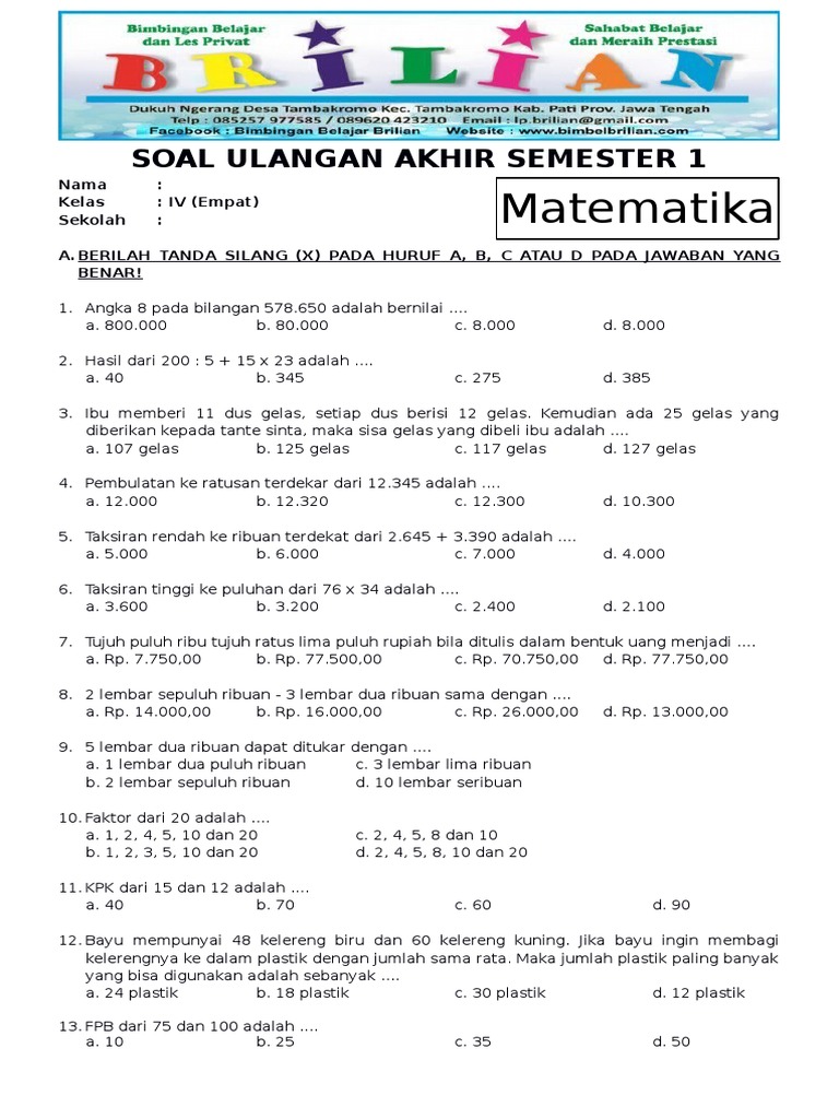 Terbukti Ampuh! download soal ulangan harian matematika kelas 4 semester 1 Gratis Sekarang