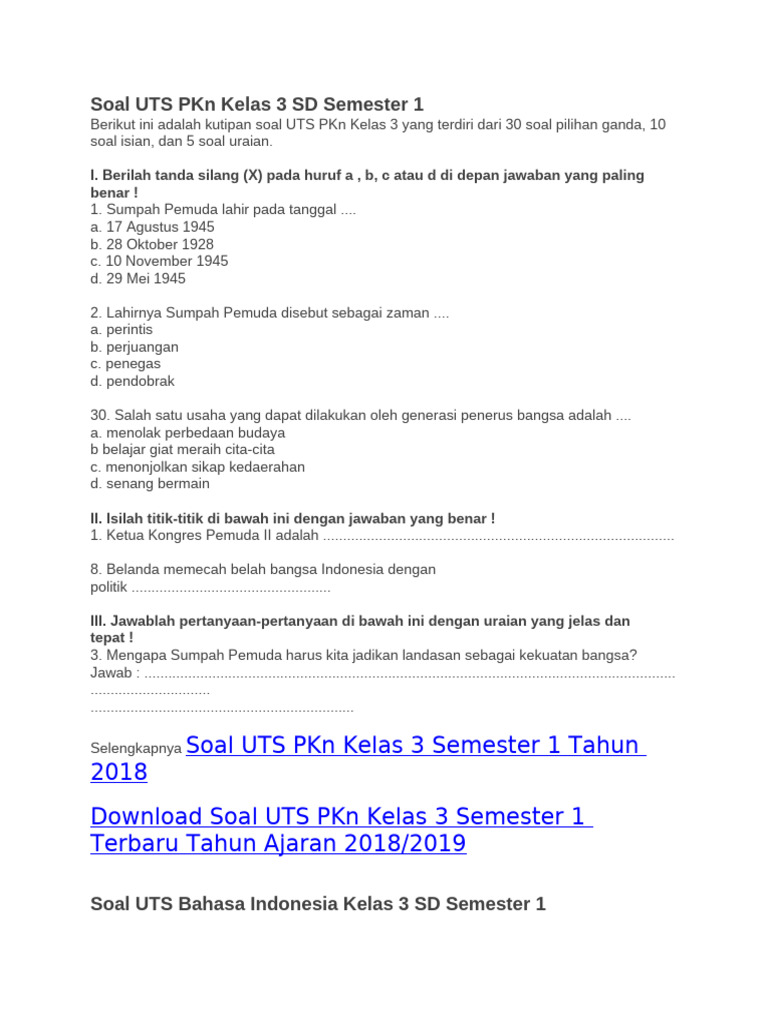 Terbukti Efektif! Download Soal UTS Kelas 3 SD Semester 1 Kurikulum 2013 Gratis Sekarang